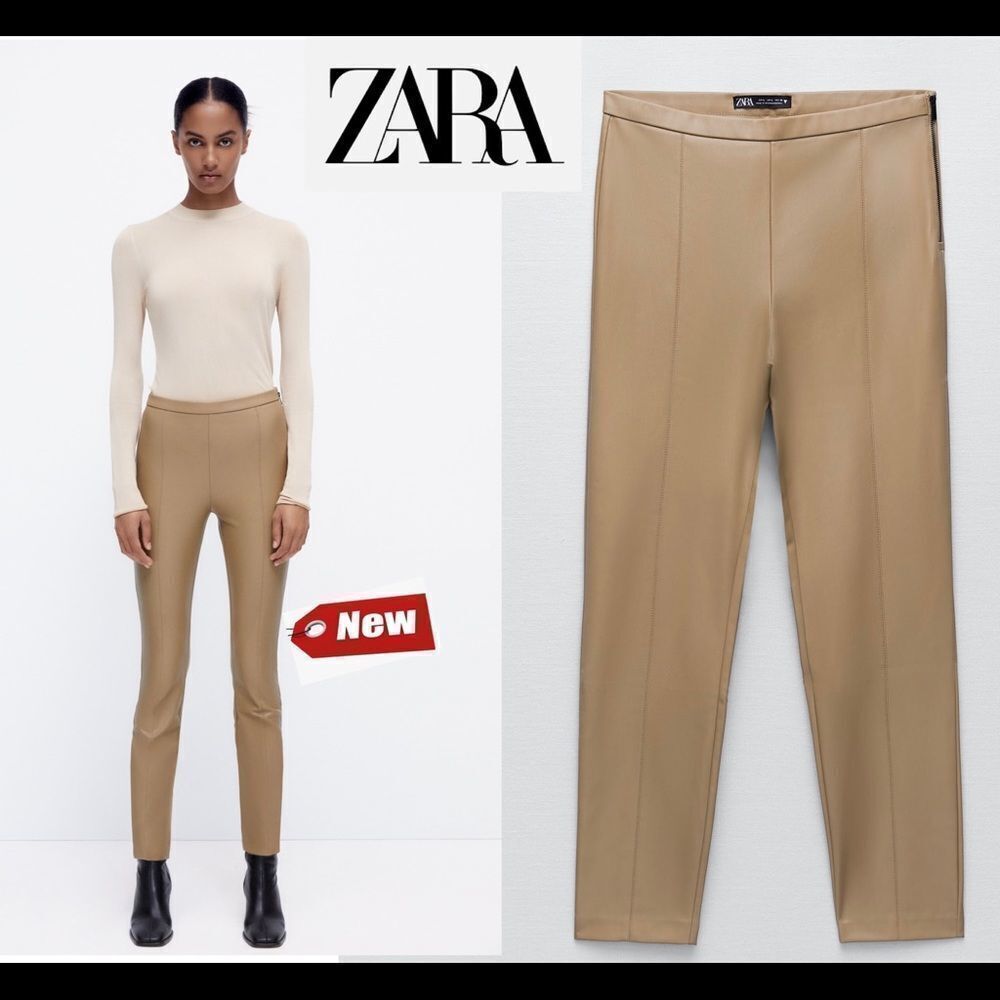 Zara Taupe Gray vegan faux leather leggings size zipper slit hem Sz S NWT